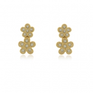 0200320000 - BRINCO DUAS FLORES CRAVEJADAS COM STRASS<br>QTDE PCT: 5 PAR - VAL PCT: R$ 25,00 - PESO UNIT: 3,100g
