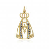 0201198200 - PINGENTE NOSSA SENHORA COM STRASS AZUL E VAZADA<br>QTDE PCT: 5 PC - VAL PCT: R$ 24,80 - PESO UNIT: 2,700g